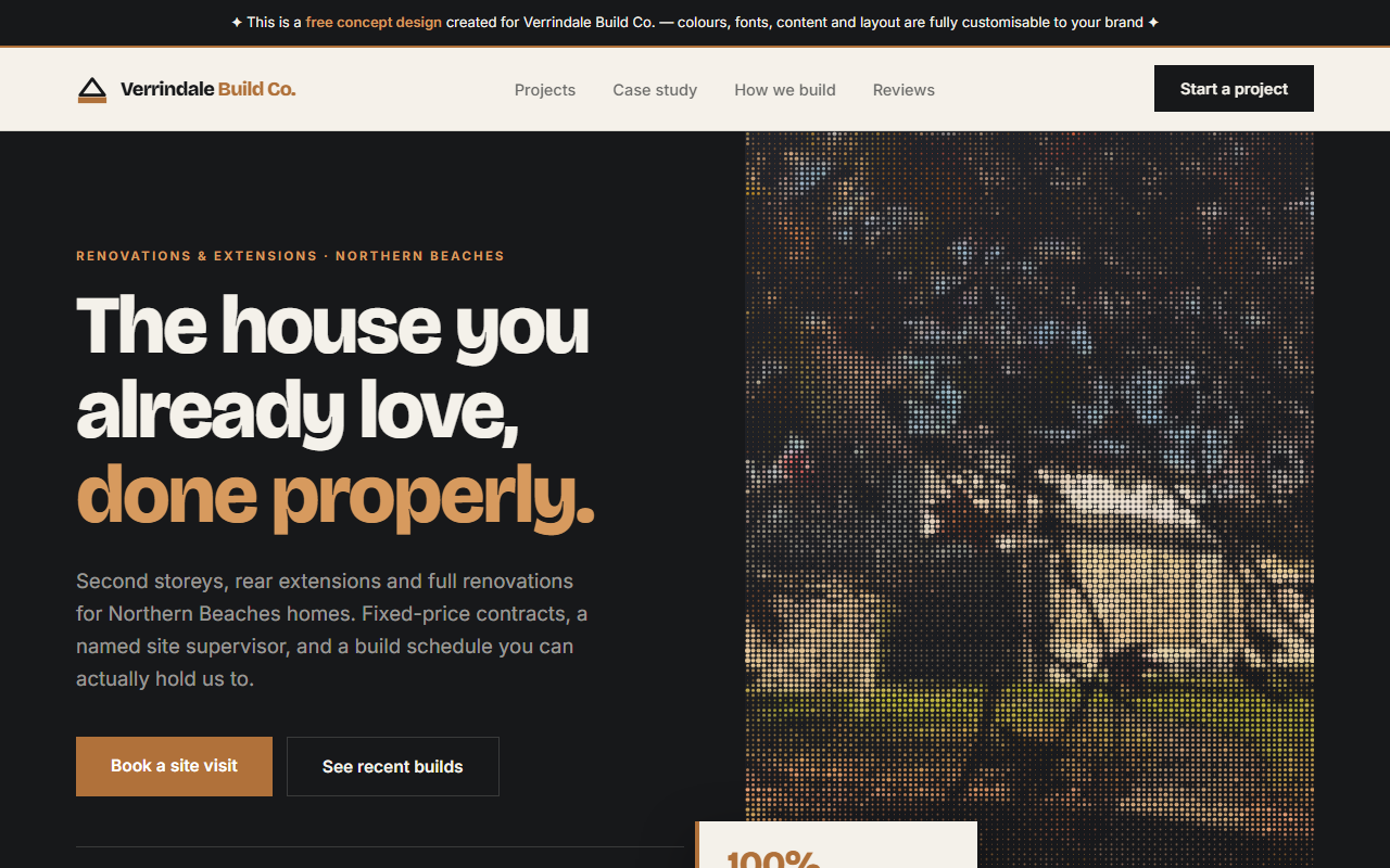 Verrindale Build Co. concept site — a renovation builder homepage with an animated halftone hero